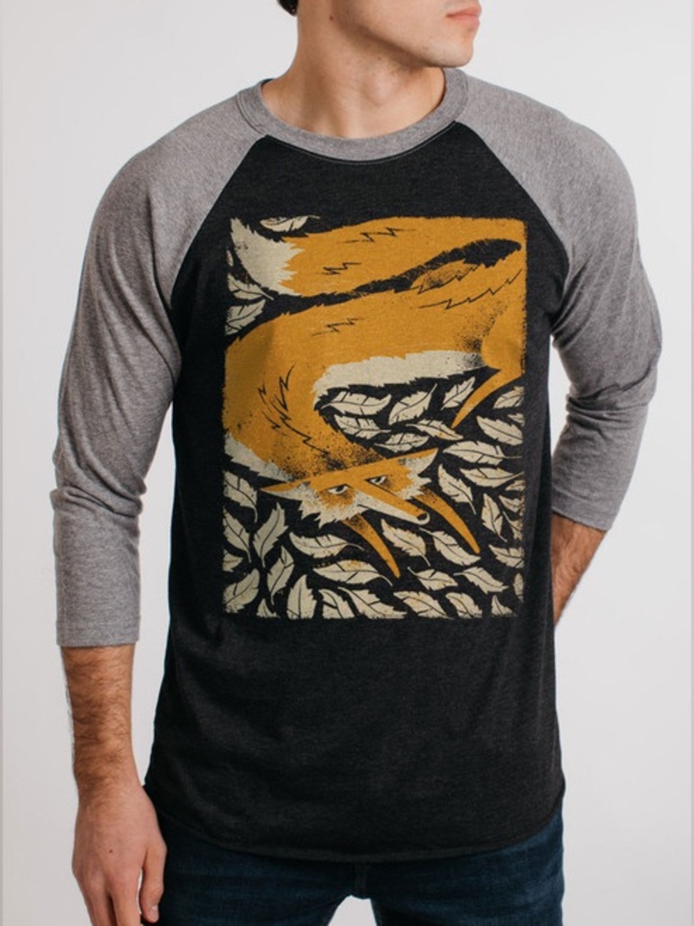 Curbside Fox in the Henhouse Raglan Longsleeve Tee Heather Black and Grey Size M - Picture 2 of 7